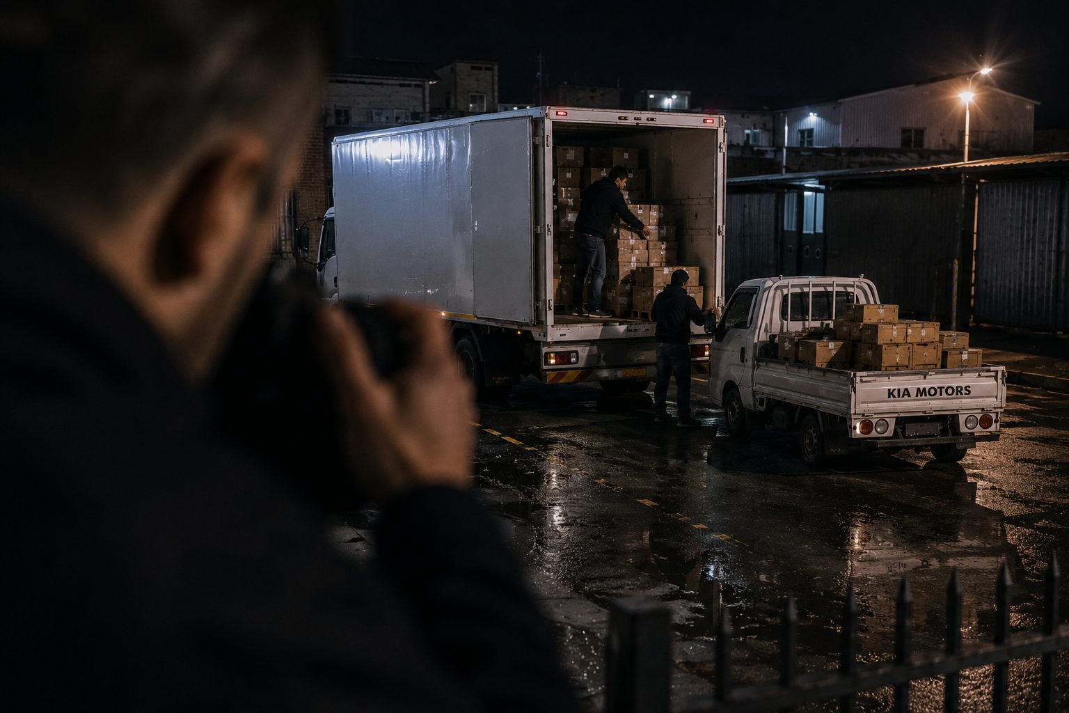 Surveillance operative monitoring suspects unloading boxes from a delivery truck at night, representing Blackfin International's intelligence-led investigations and surveillance services across South Africa
