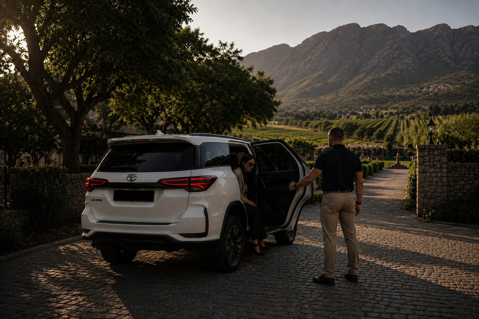 Professional chauffeur opening door of white Toyota SUV for a client in Stellenbosch, Western Cape — Blackfin International secure travel service