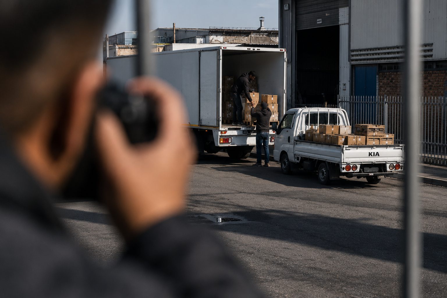 Covert surveillance operative observing two individuals unloading boxes from a delivery truck at a warehouse, representing stock loss and internal theft investigations by Blackfin International